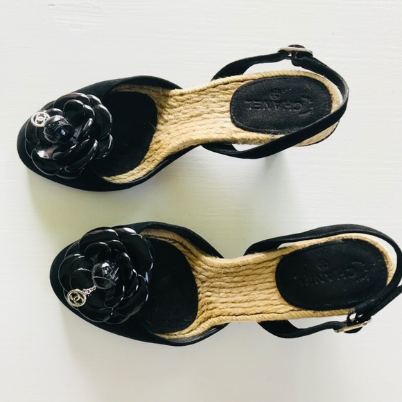 CHANEL Shoes - CHANEL Black Camellia wedge sandal Sz 38 /7.5